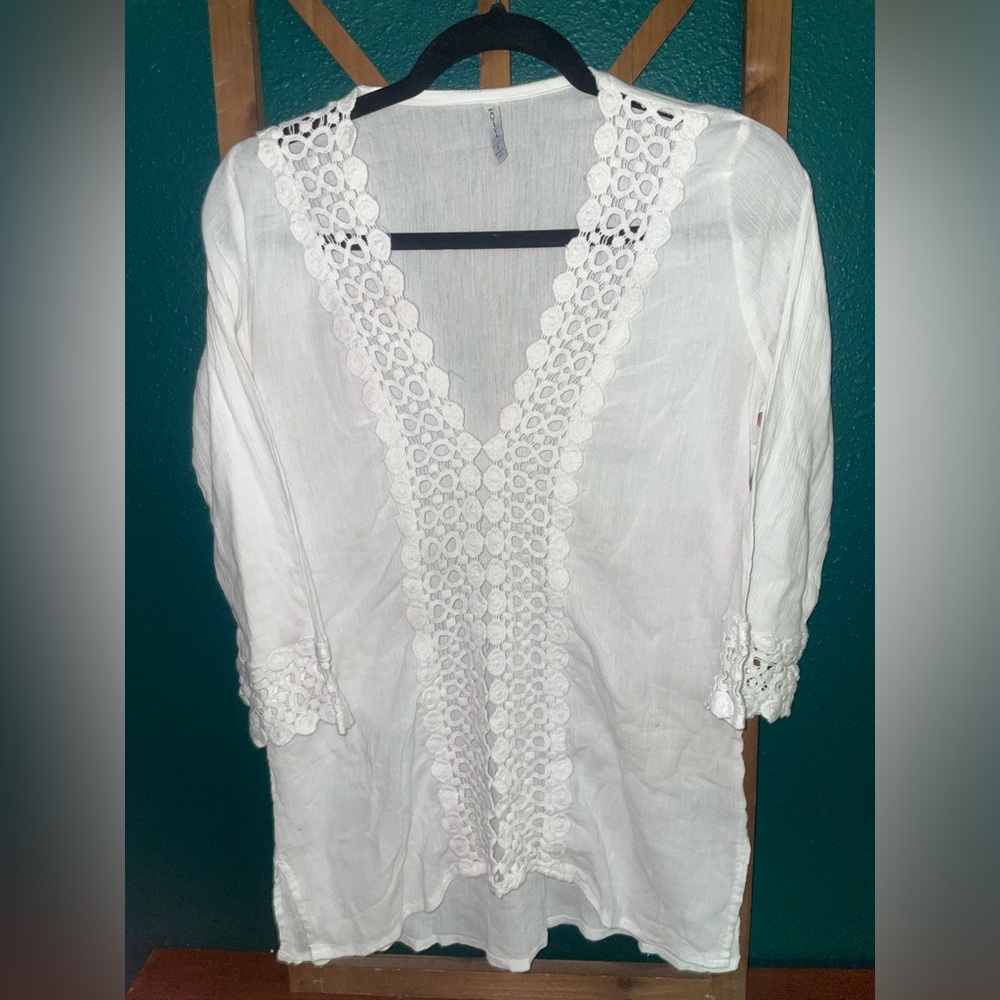 Raviya White Swim Coverup with Crochet Detail